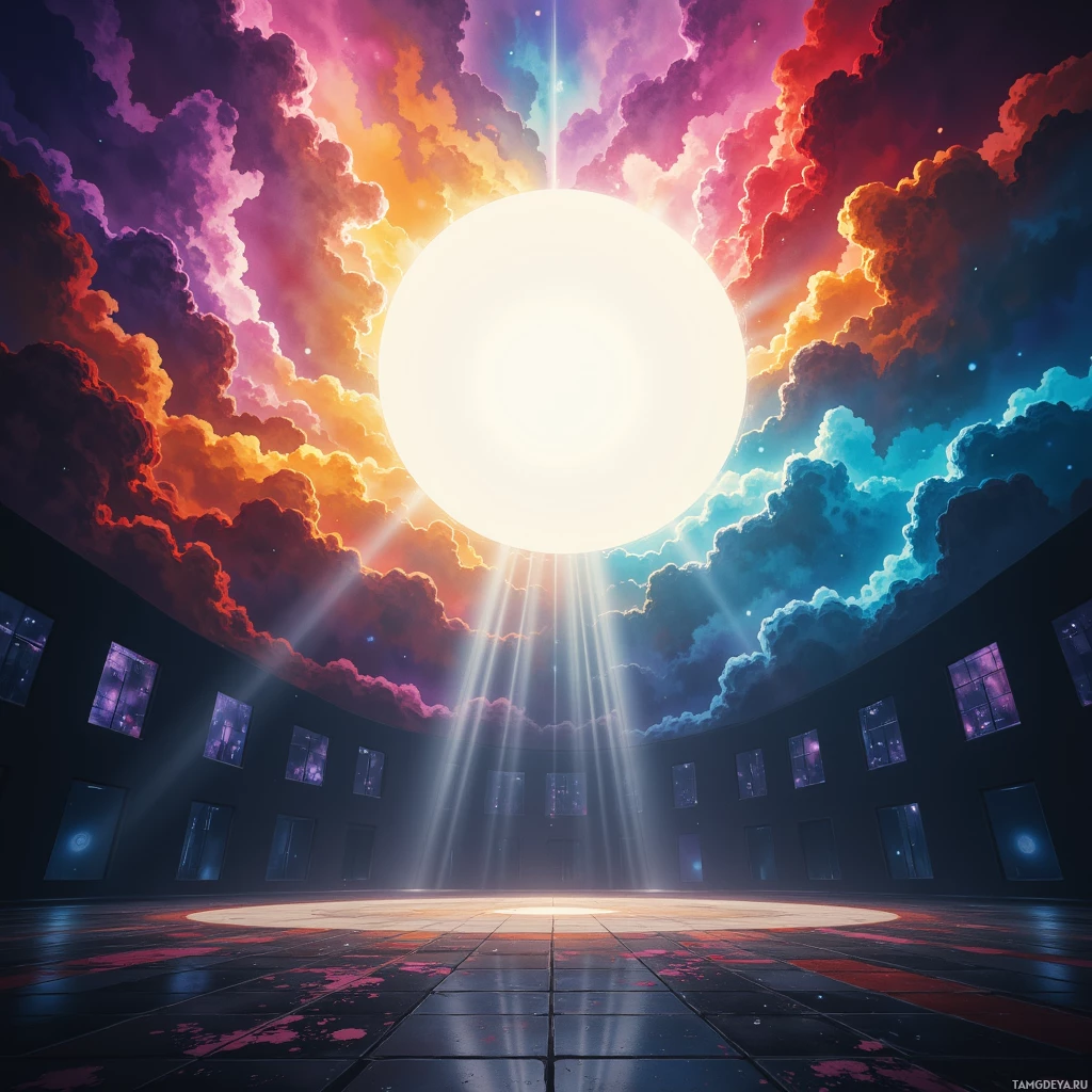 A vibrant, surreal interior with a glowing celestial sphere and colorful clouds above.