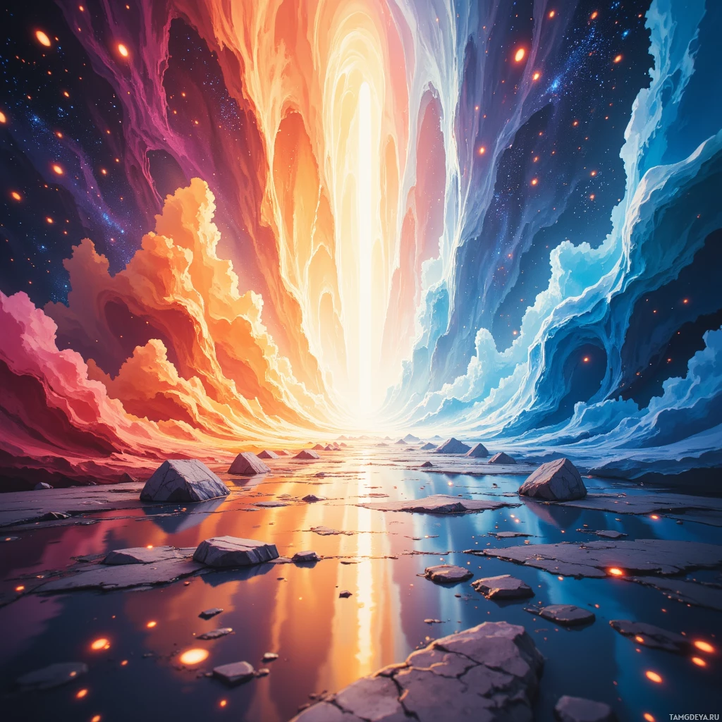 A surreal landscape featuring a glowing portal with vibrant colors and floating rocks.