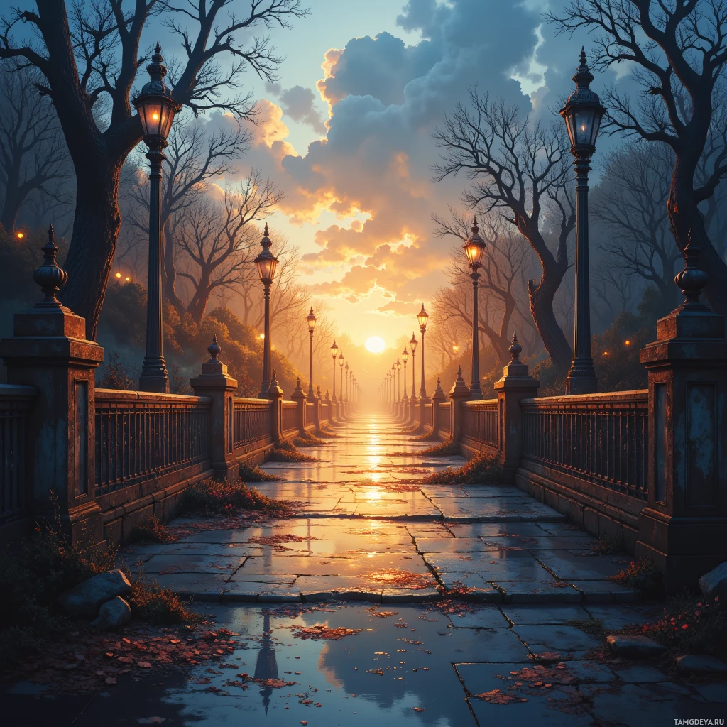 A serene pathway lined with lampposts and bare trees reflects the golden light of sunset.