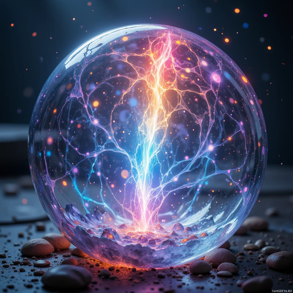 A glowing, electric-like structure within a transparent sphere, surrounded by small rocks and a dark background.
