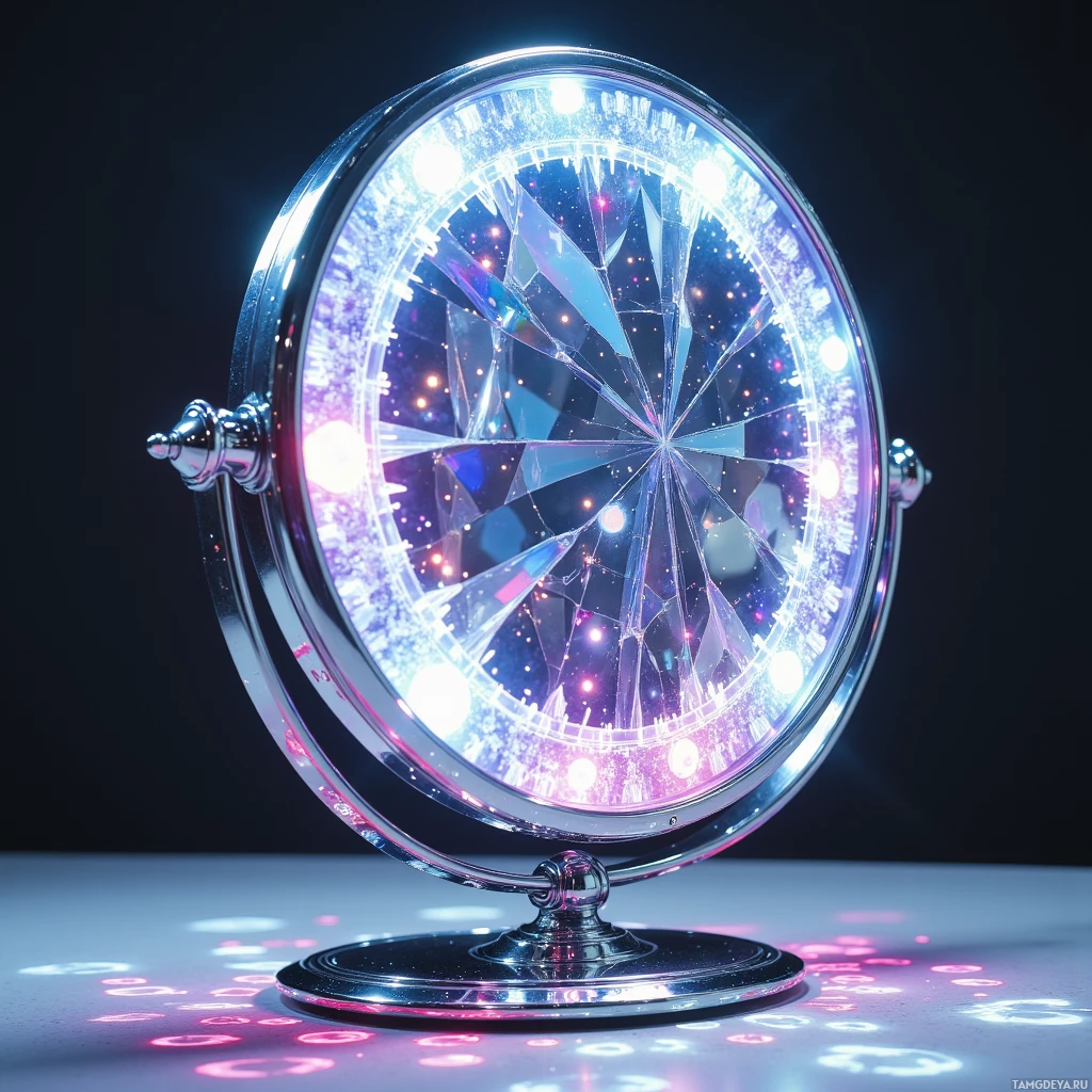 A reflective mirror with a vibrant, abstract pattern of light and colors.