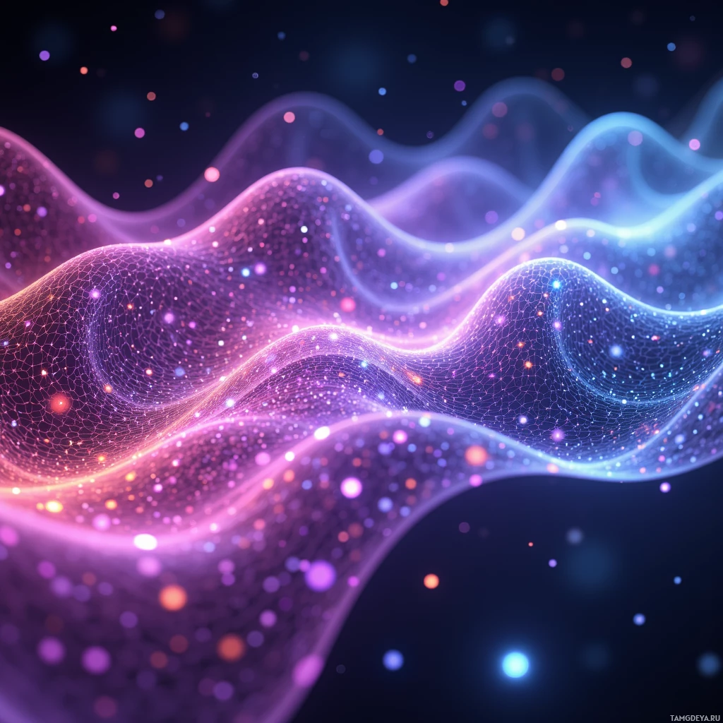 A glowing, wavy, abstract pattern with a dark background and scattered bright dots.