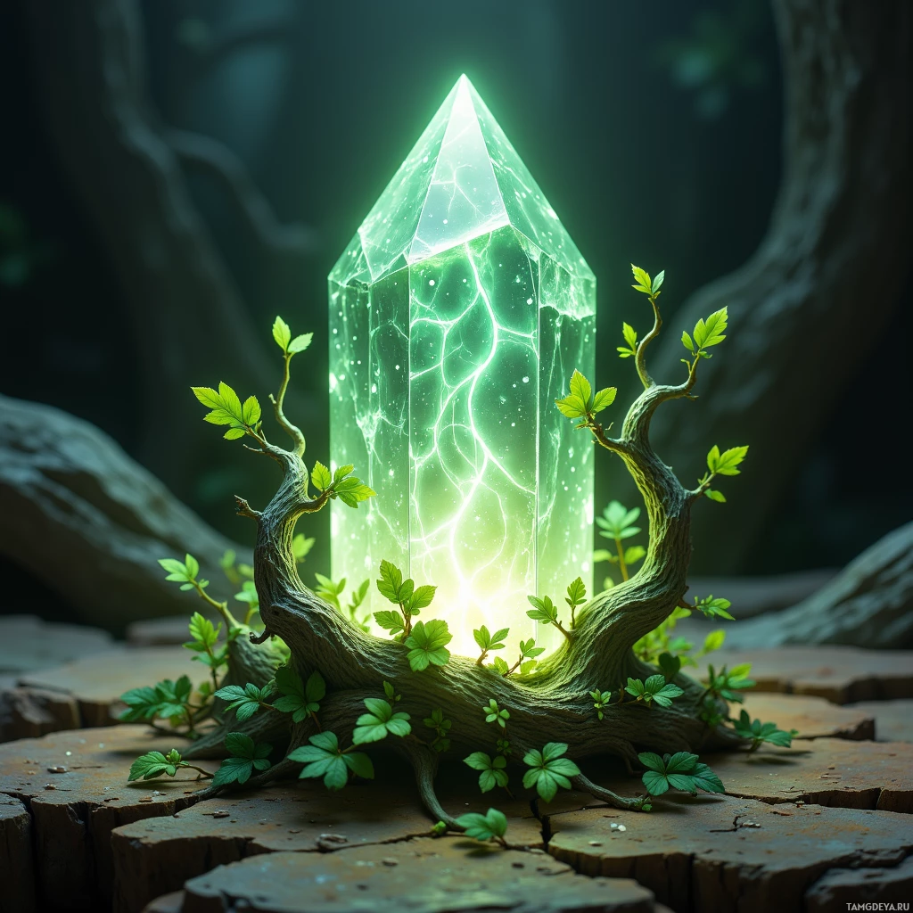 A glowing crystal surrounded by greenery in a forest setting.