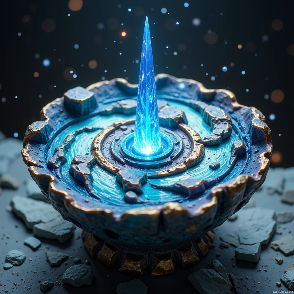 A glowing blue crystal spews light from a circular stone platform surrounded by scattered rocks.