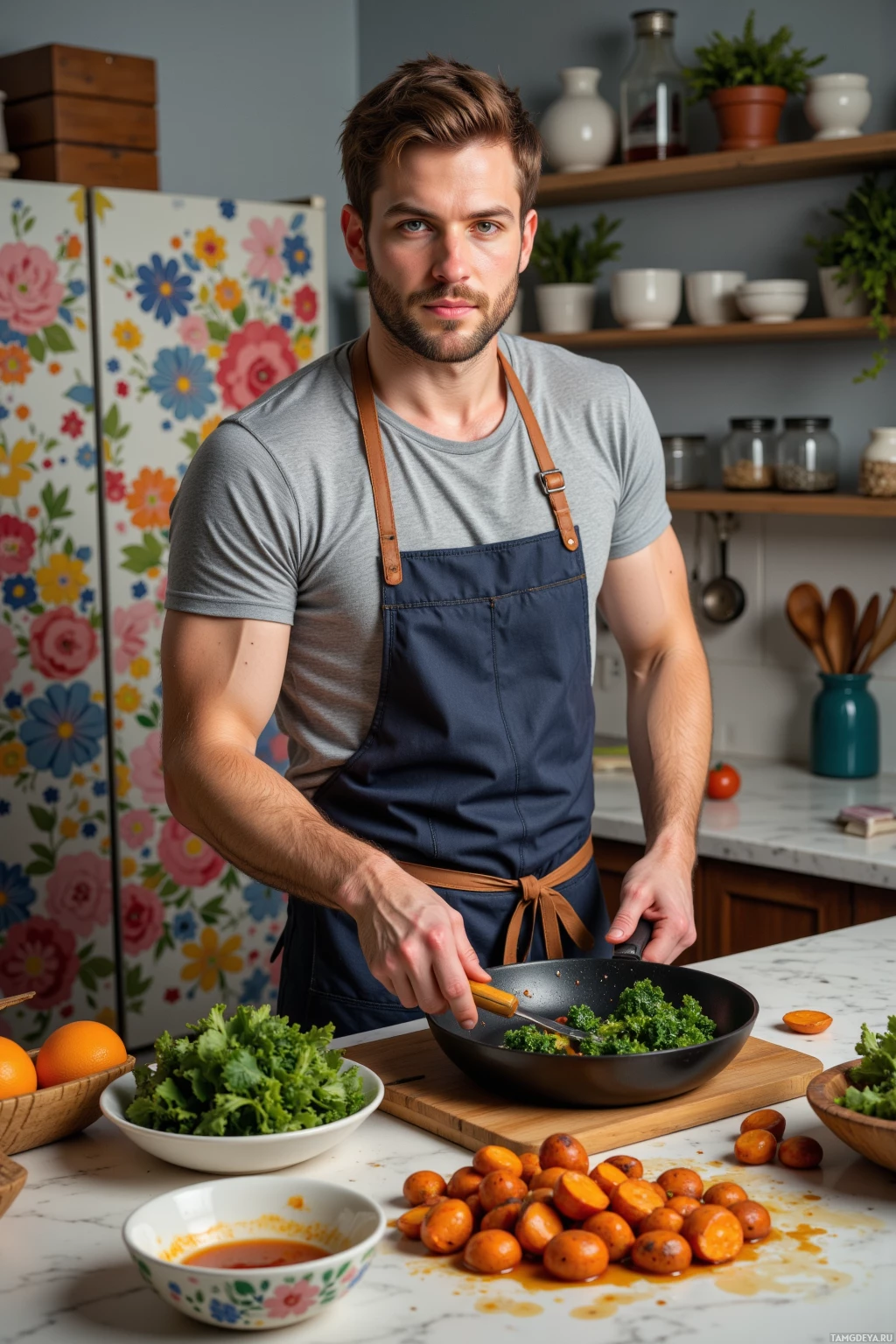 A person wearing an apron is cooking vegetables in a kitchen.