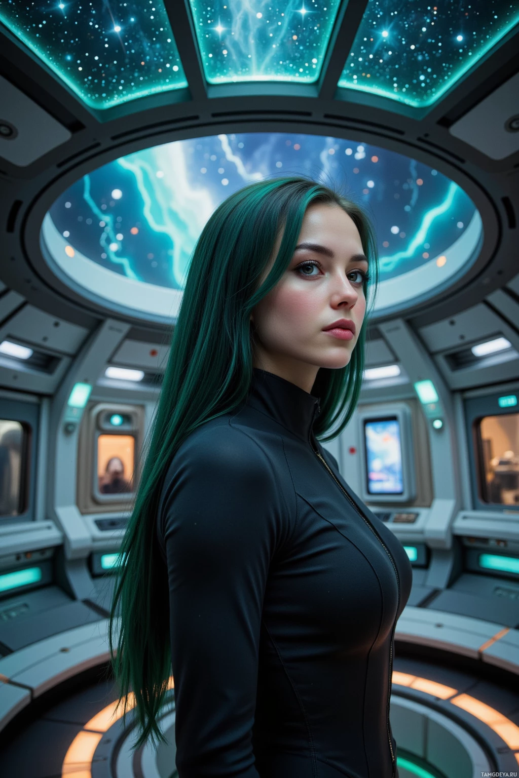 A person with long green hair stands inside a futuristic, space-themed interior with glowing panels and a starry ceiling.
