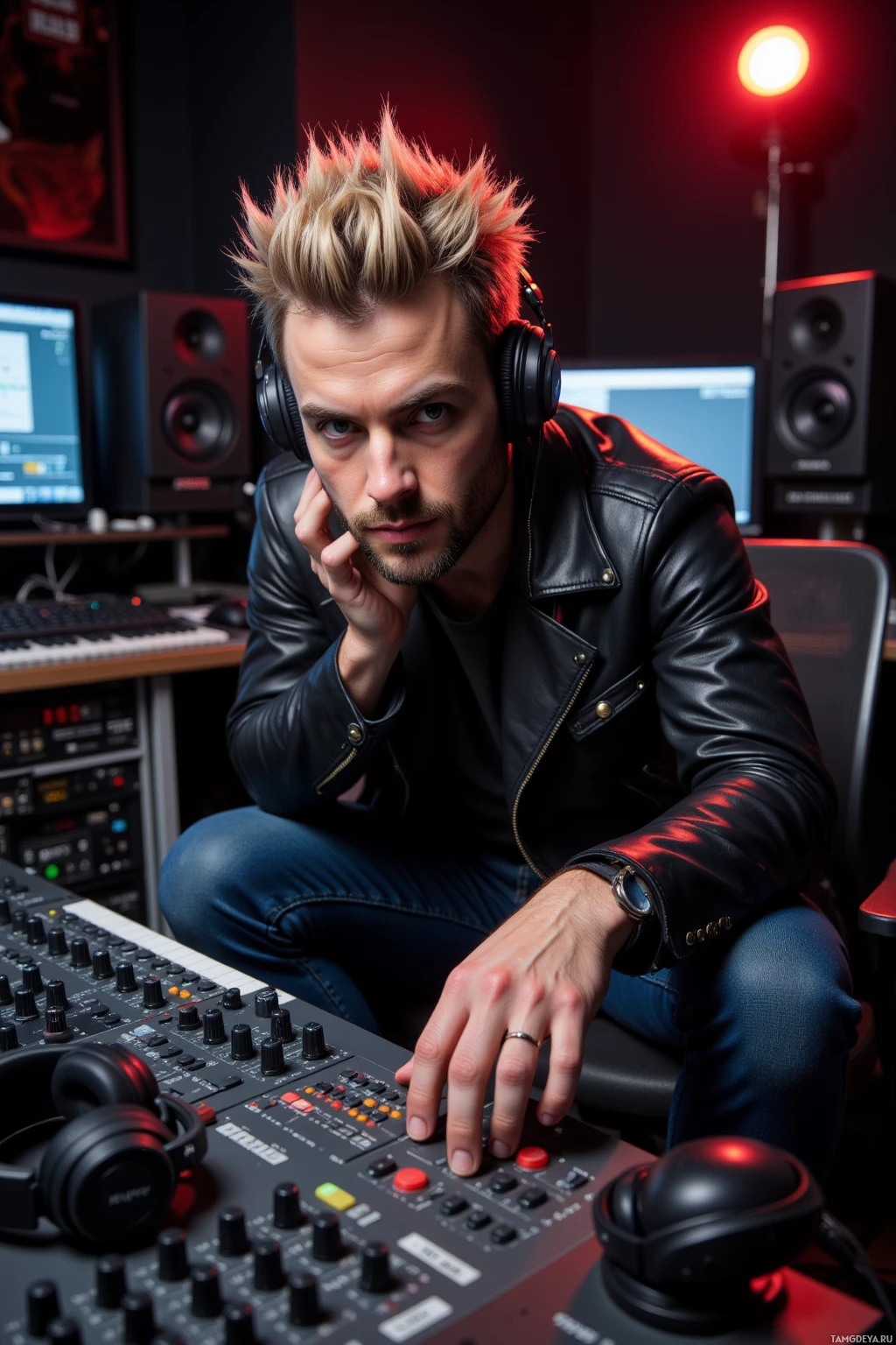 A person wearing headphones and a leather jacket is adjusting controls on audio equipment in a studio setting.