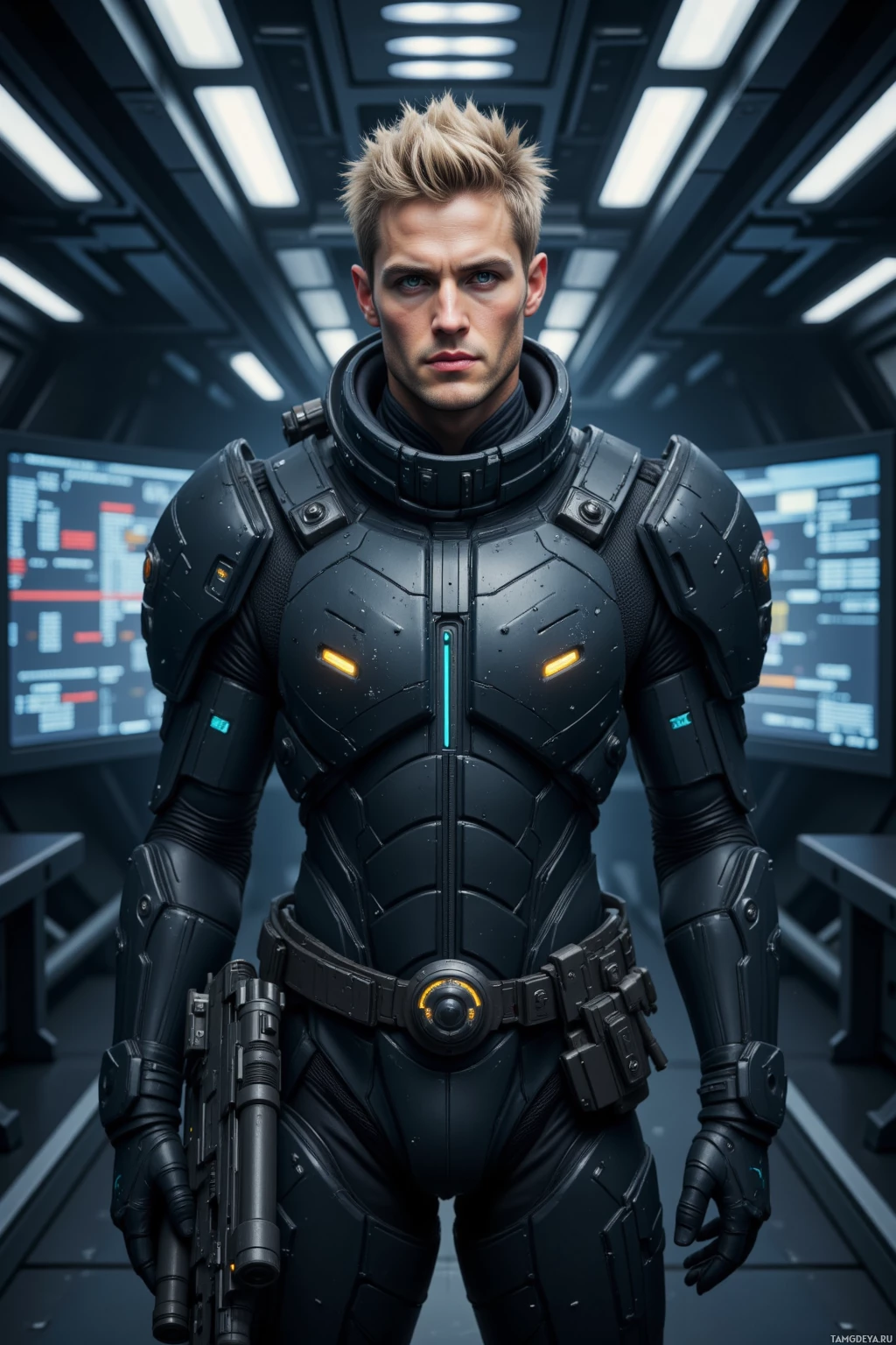 A person in futuristic armor stands in a high-tech environment.