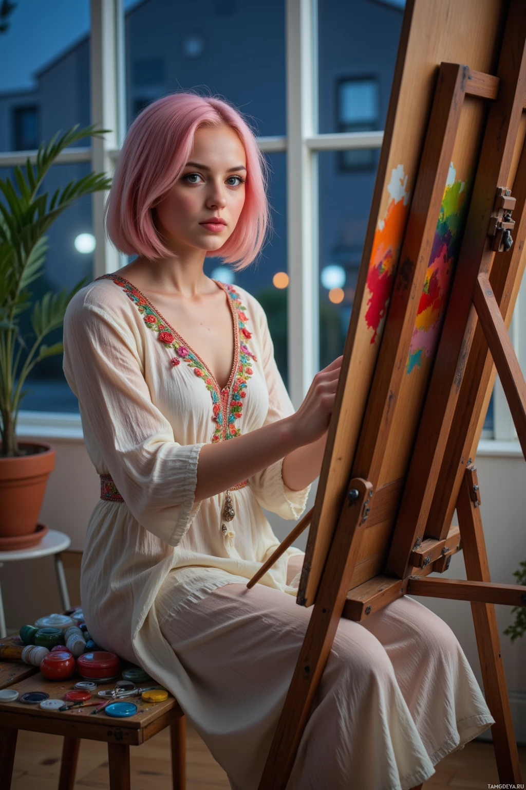 A woman with pink hair sits on an easel, wearing a light-colored dress, and appears to be painting.