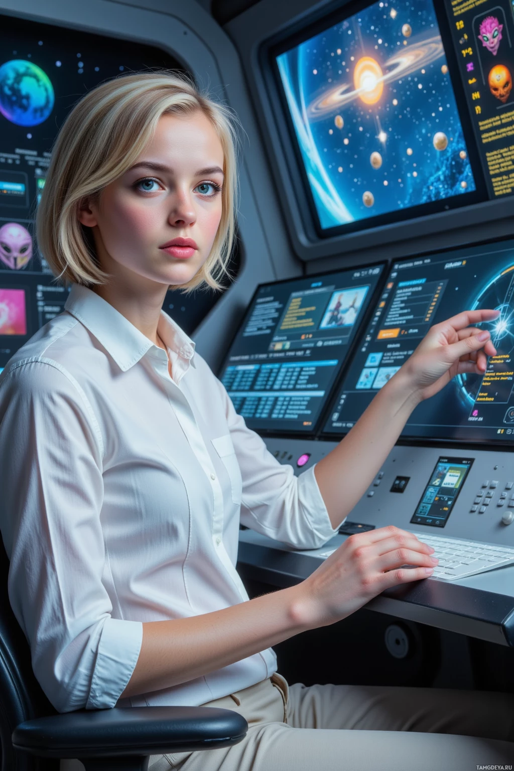 A person in a white shirt is seated at a control panel with multiple screens displaying space-themed graphics and data.
