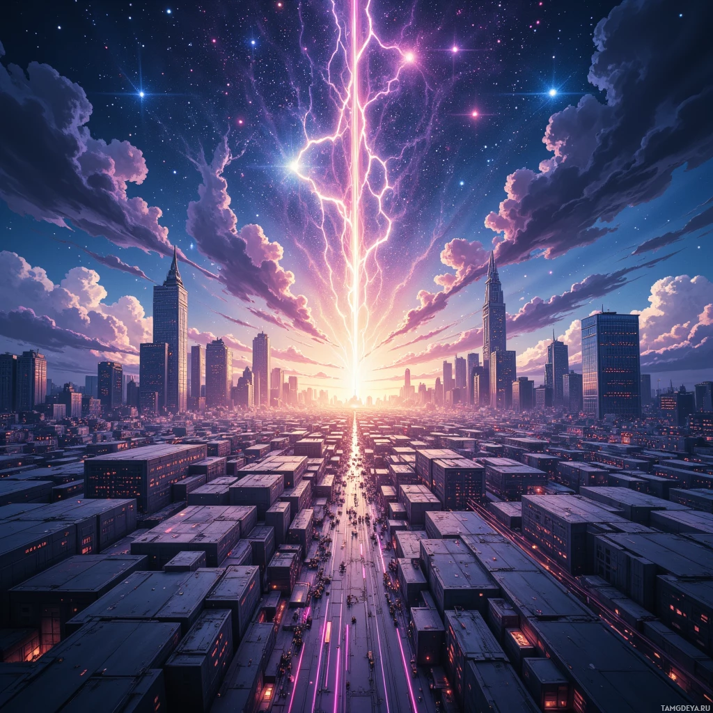 A vibrant cityscape under a starry sky with a prominent lightning bolt striking down the center.