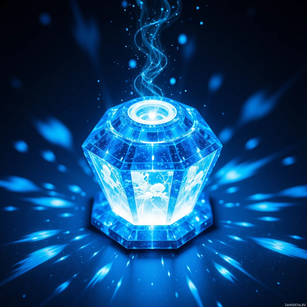 A glowing, hexagonal crystal emits blue light and energy against a dark background.