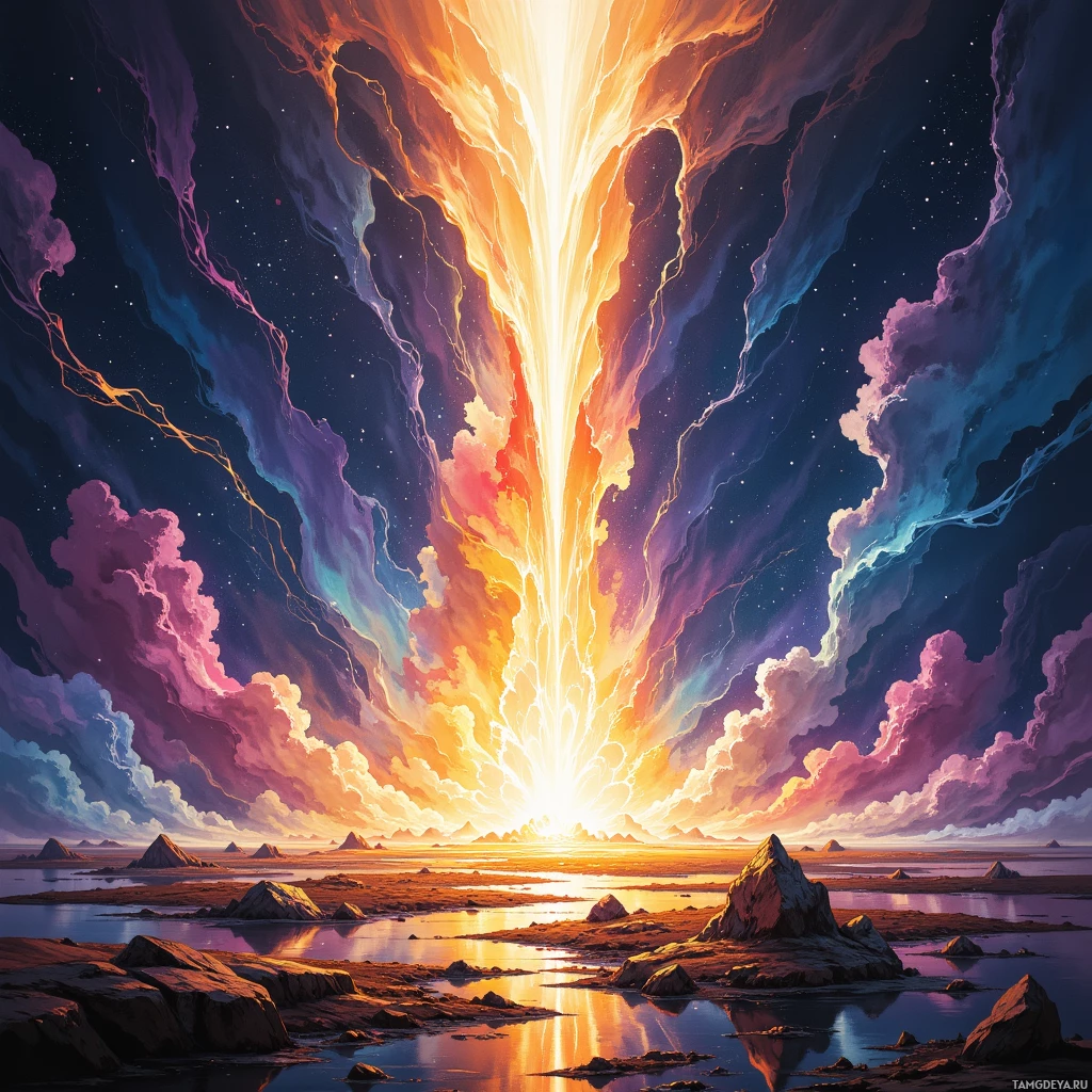 A vibrant cosmic scene with a radiant burst of light and colorful clouds over a rocky landscape.