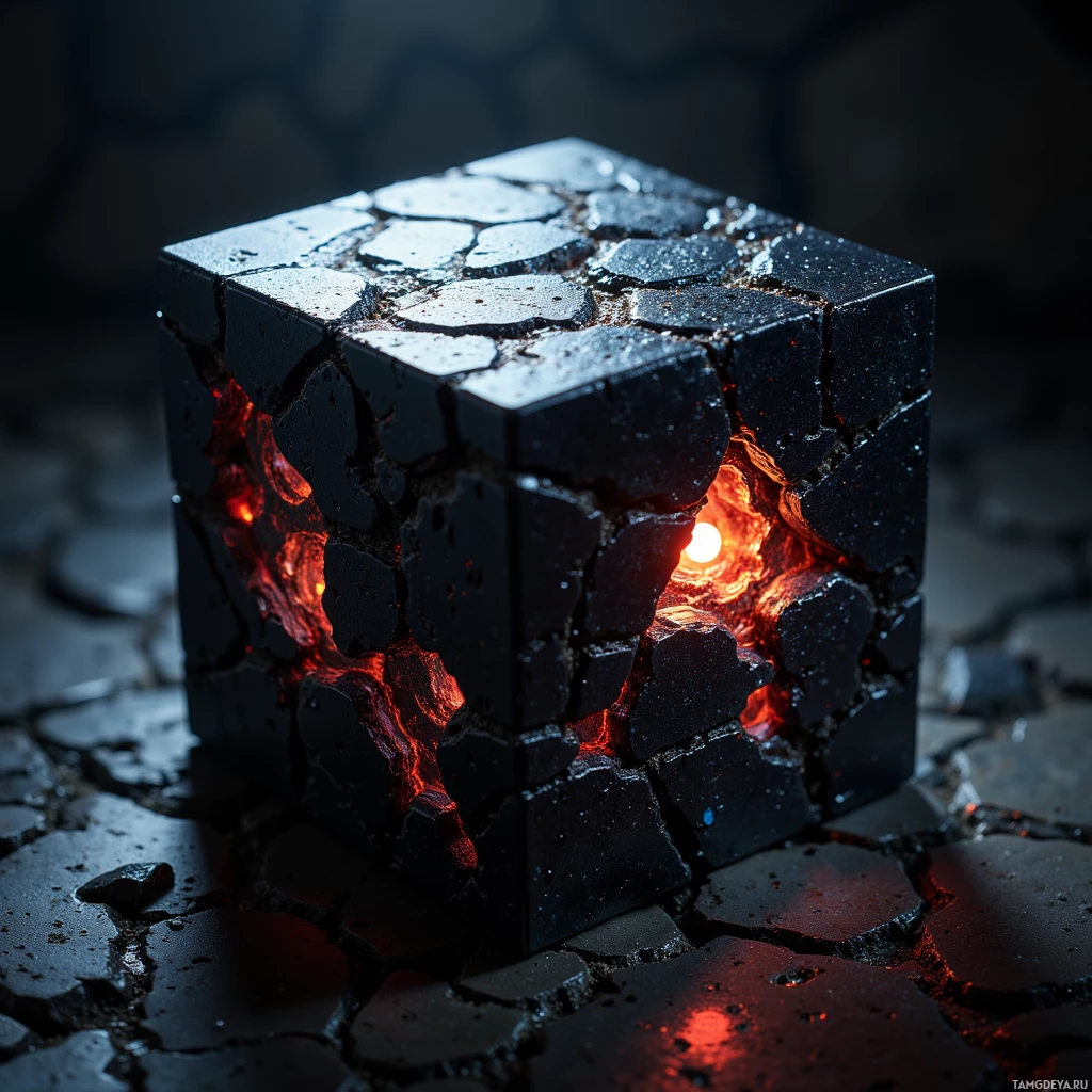 A cracked, glowing cube with fiery red and orange light emanating from within.