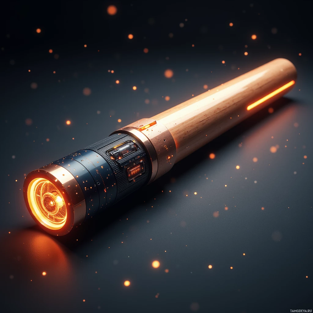 A futuristic flashlight with glowing orange light and intricate details.