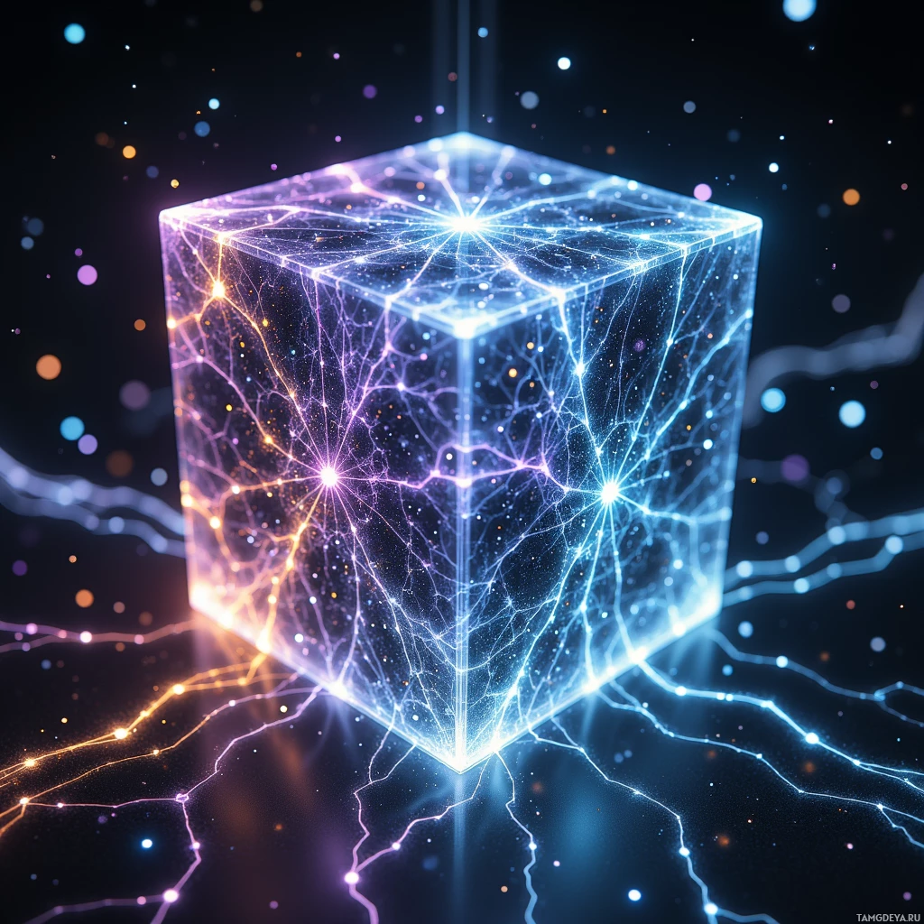 A glowing, transparent cube with intricate network patterns and bright light points against a dark background.