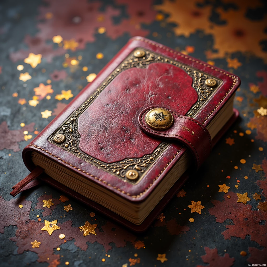 A red leather-bound book with gold accents and a star-shaped button lies on a dark surface with star decorations.