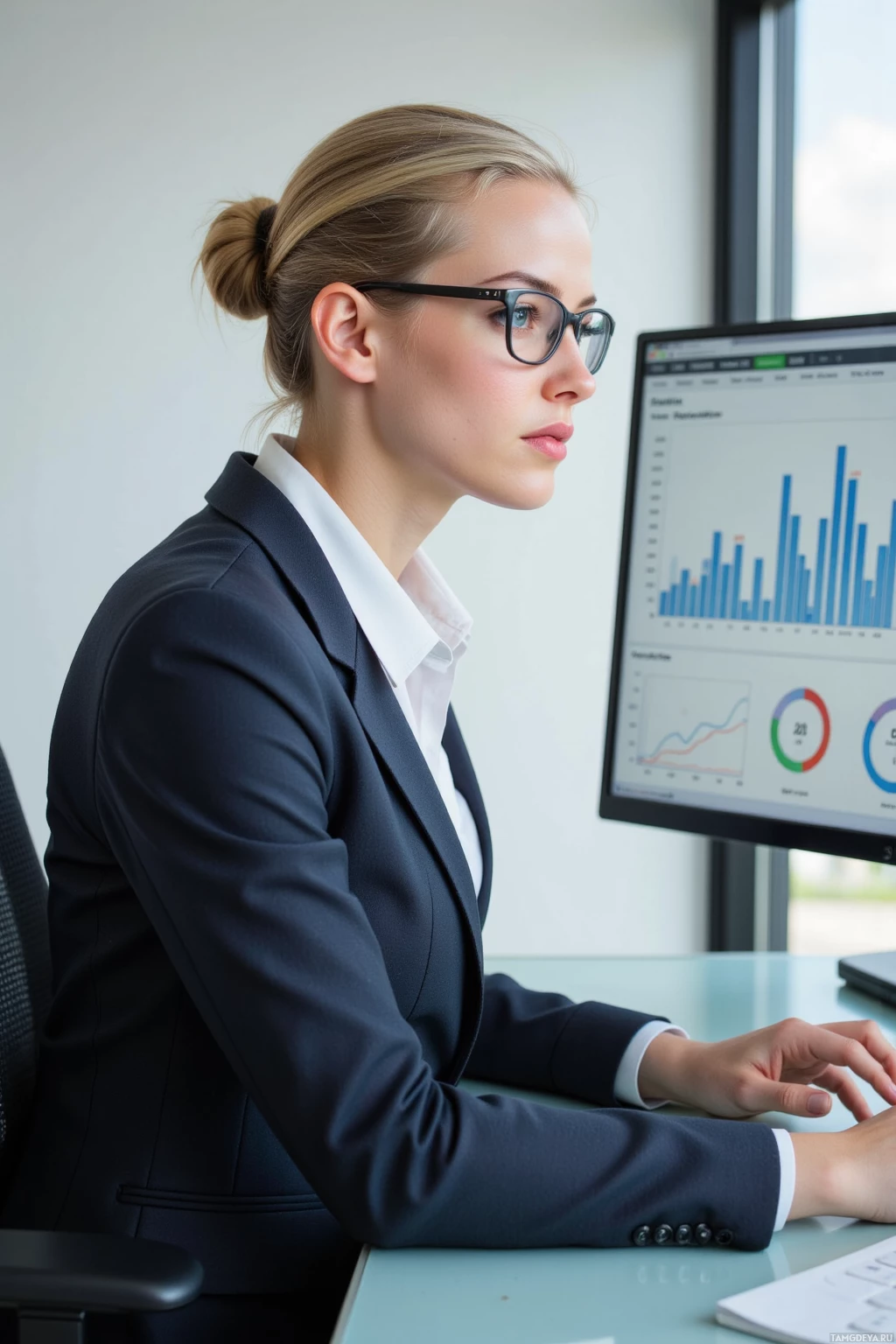 Realistic high quality photo. Female, 32, sleek blonde hair in a professional updo, blue eyes behind glasses, pale skin, wearing a well‑fitted business suit, white blouse, and tailored trousers, seated at a modern glass desk in a brightly lit office, intently reviewing a large monitor displaying a real‑time data dashboard, calm and focused expression, mid‑morning.
