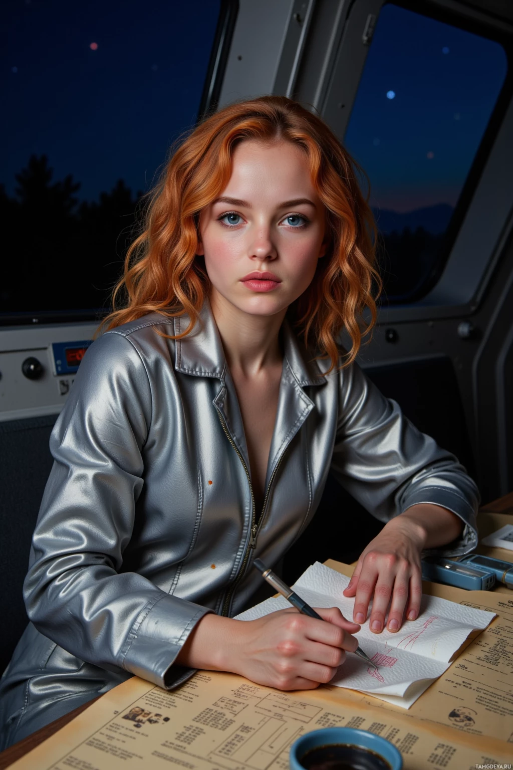 A person in a shiny silver jacket is sitting at a table, writing on paper with a pen.