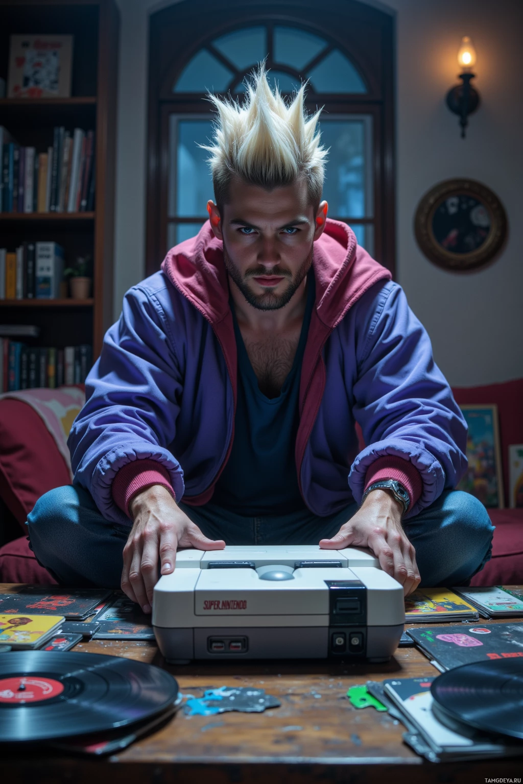 A person with spiky blonde hair sits on a couch, holding a Super Nintendo Entertainment System in front of them.