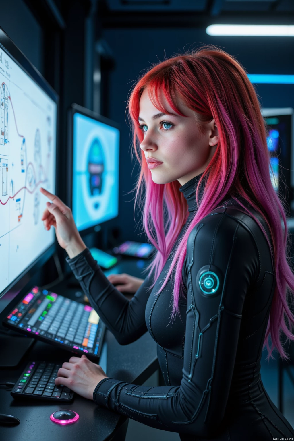 A person with pink hair and futuristic attire is working at a computer in a tech environment.