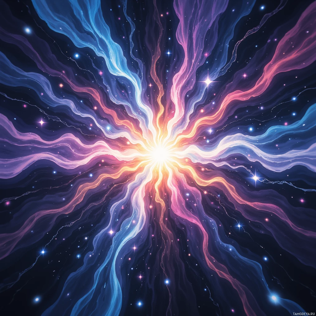 A vibrant cosmic explosion with radiating light beams and scattered stars against a dark background.