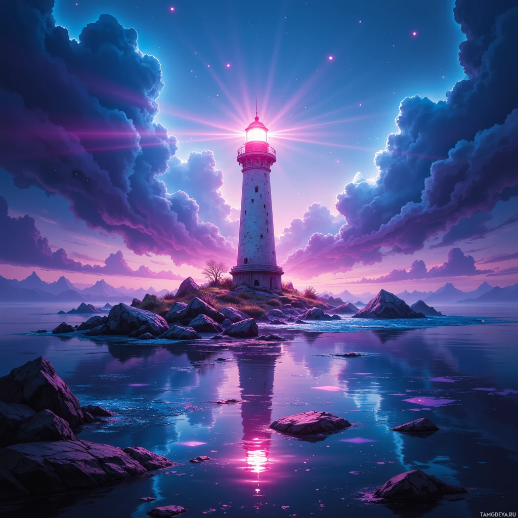 A lighthouse shines brightly on a rocky island surrounded by calm waters under a vibrant, starry sky.