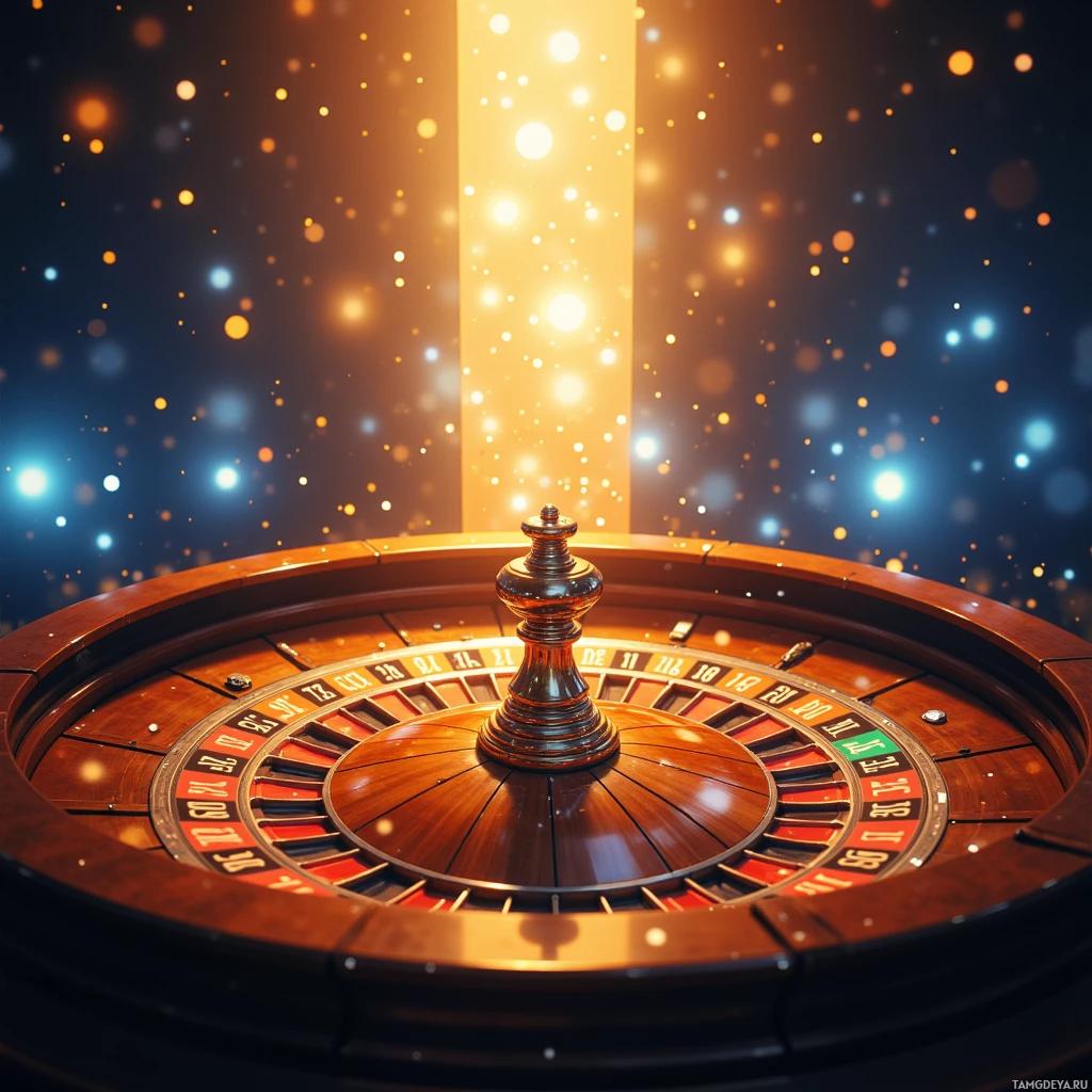 A roulette wheel with a glowing light beam in the background.