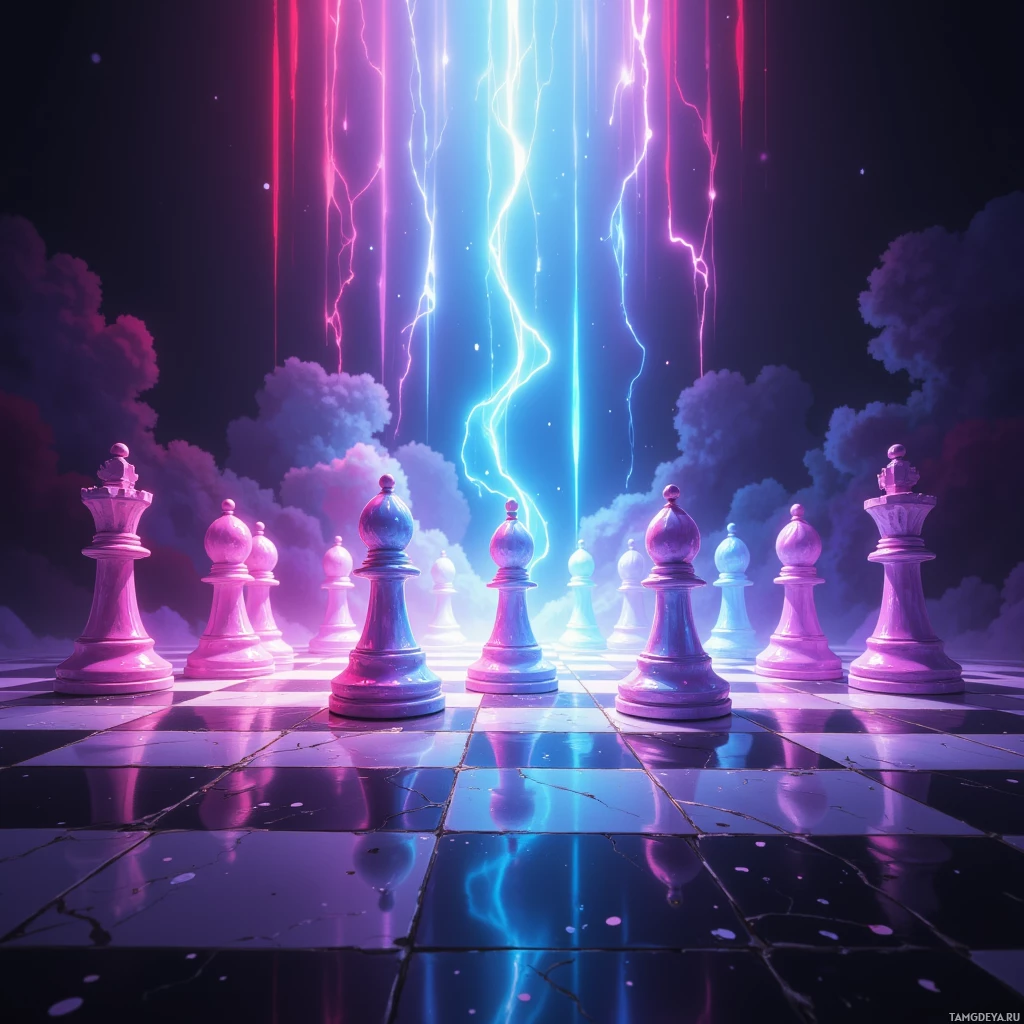 A surreal chessboard scene with colorful lightning and clouds in the background.