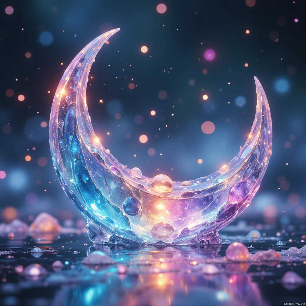 A glowing, crescent-shaped object with a translucent, gem-like appearance and a reflective surface.
