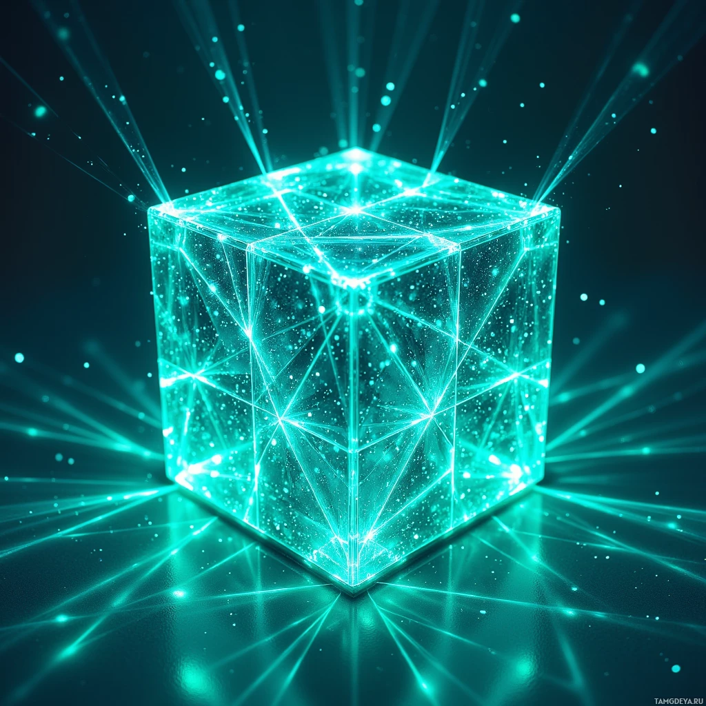 A glowing, transparent cube with intricate geometric lines and radiant light beams emanating from it.