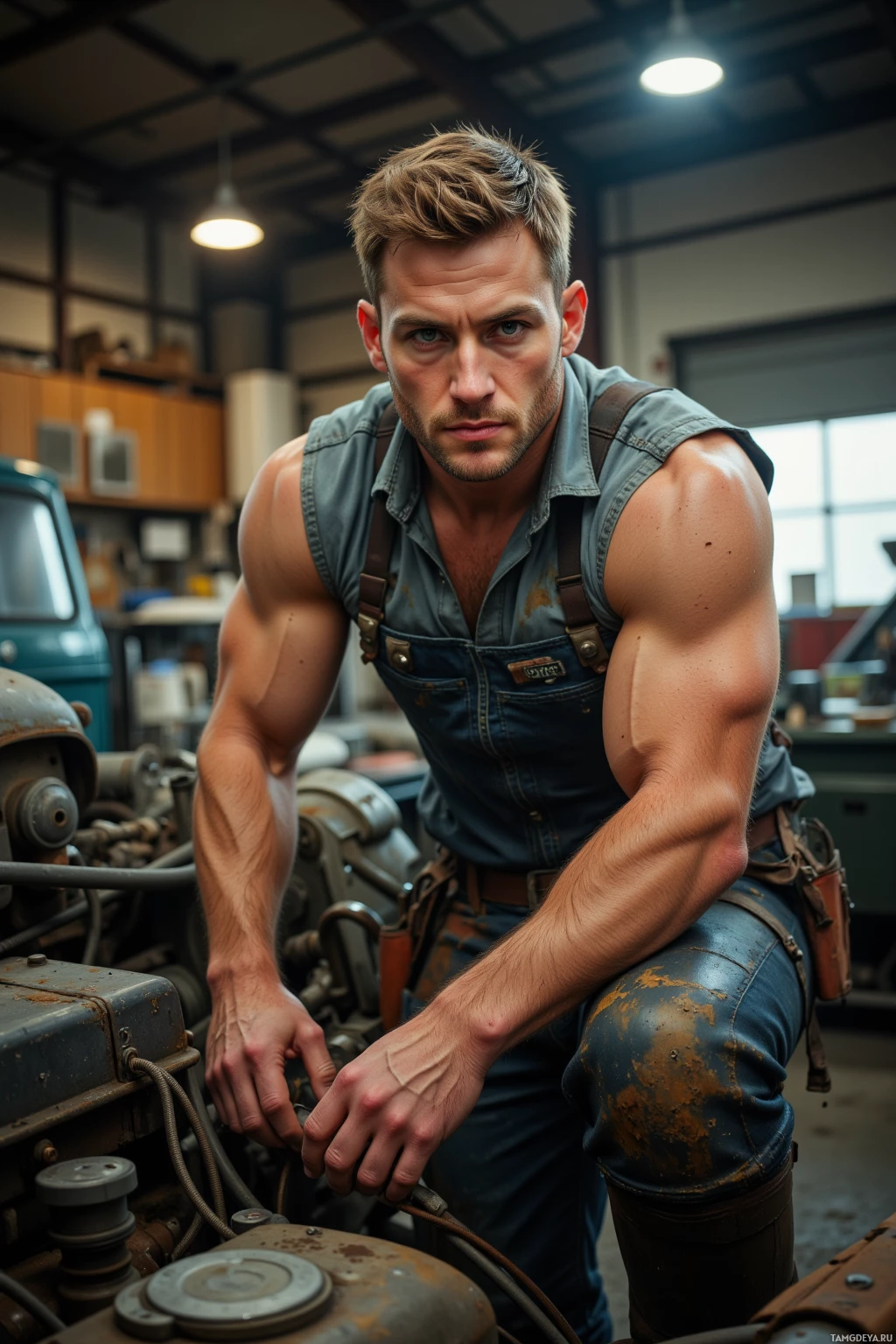 A muscular man in a workshop wearing overalls and a sleeveless shirt, leaning on a vehicle.