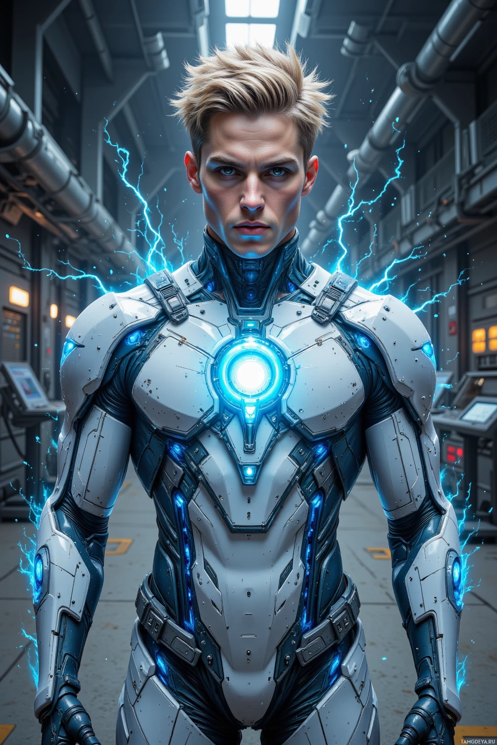 A person in a futuristic, armored suit with glowing blue lights.