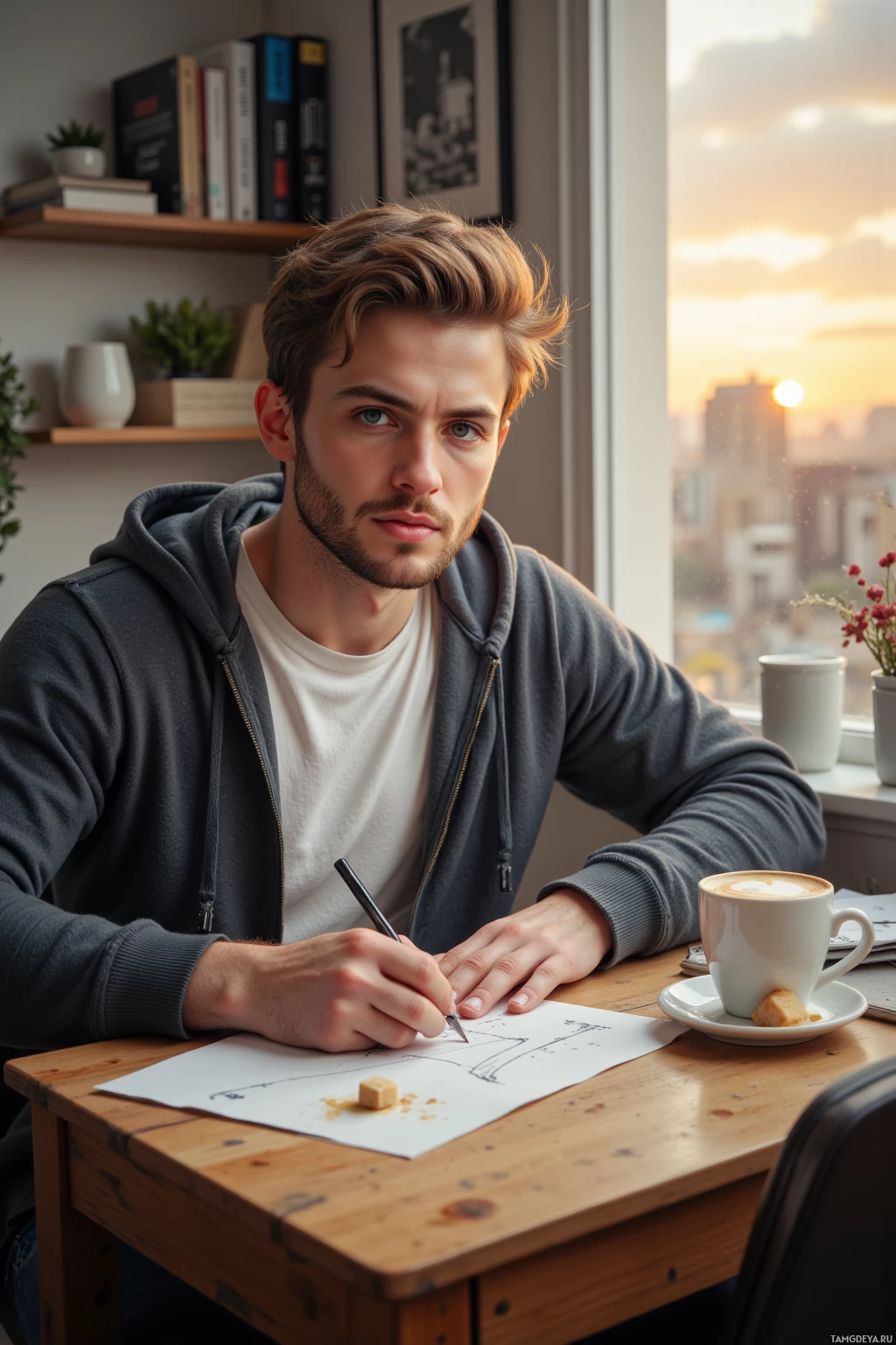 A man sits at a wooden table, writing on a piece of paper with a cup of coffee nearby.