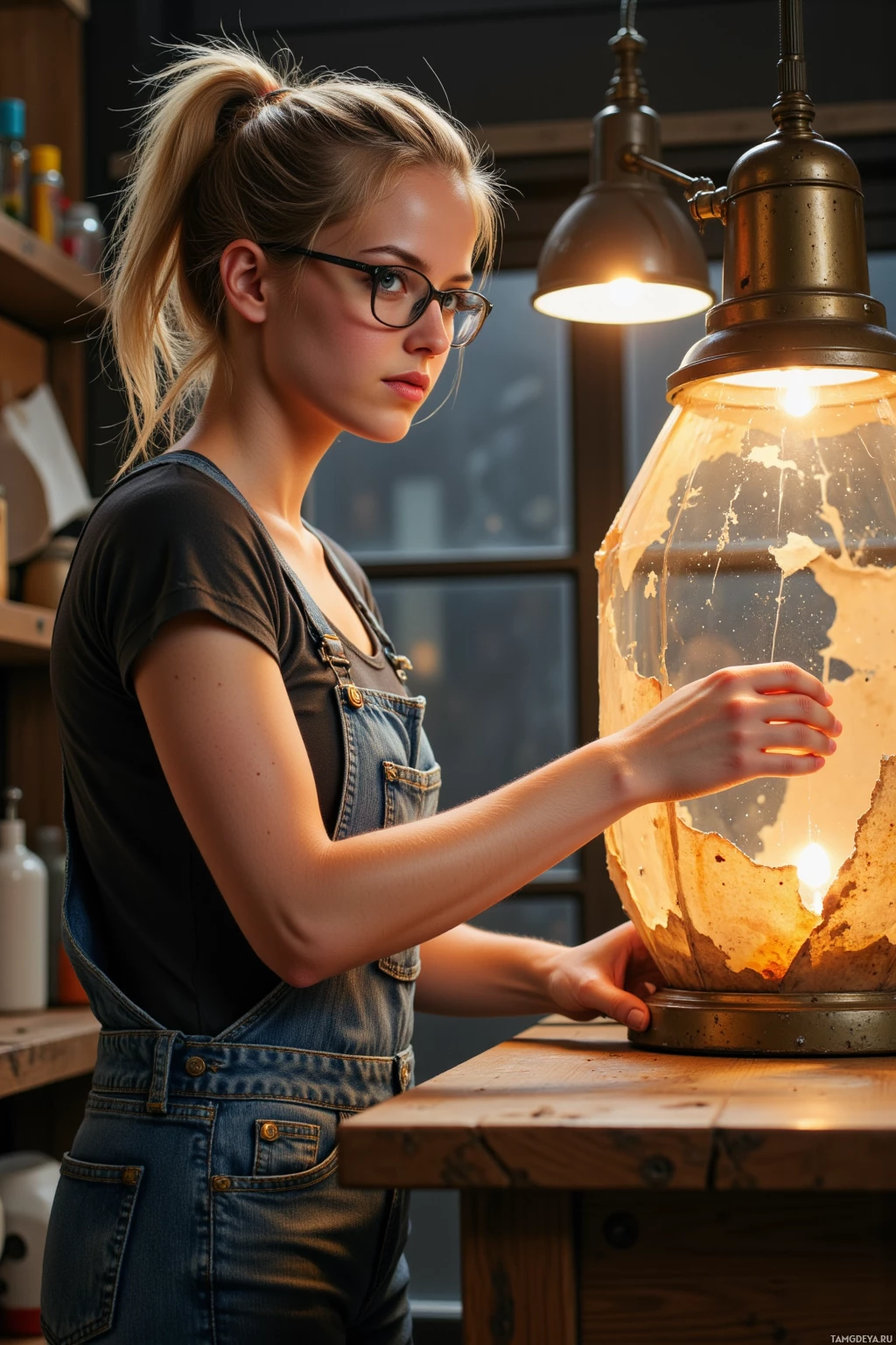 A person wearing glasses and overalls is adjusting an illuminated lamp in what appears to be a workshop setting.