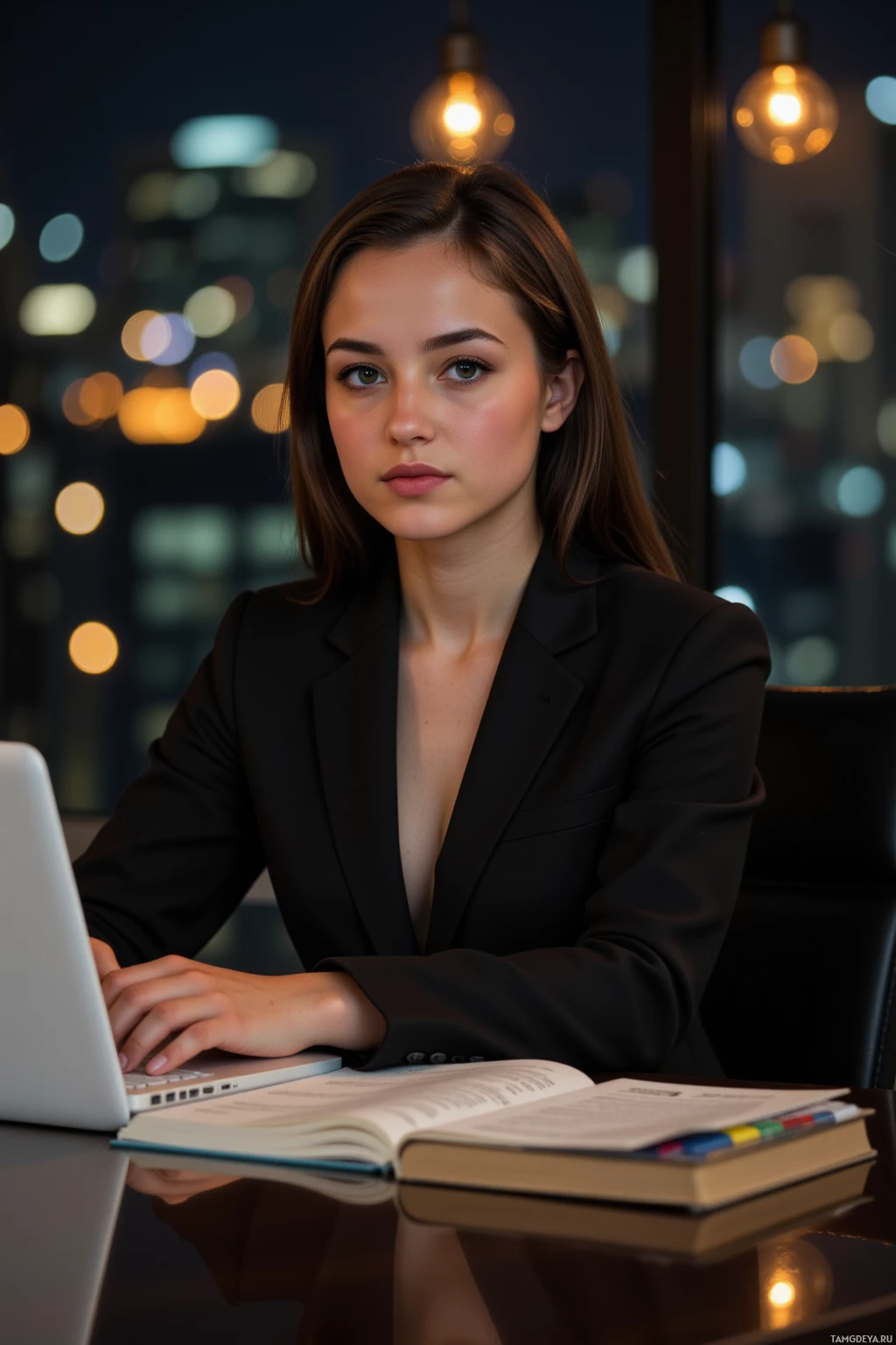 A woman in a suit sits at a desk with a laptop and notebook, against a cityscape backdrop.