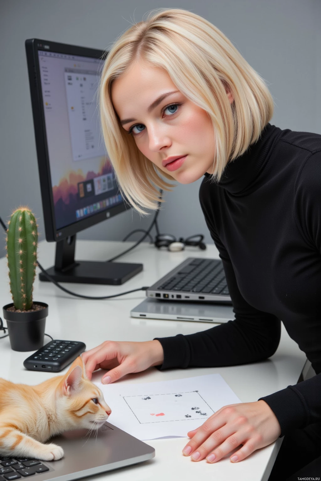 Realistic high quality photo. Young woman, 26, blonde bob haircut, blue eyes, pale skin, wearing a sleek black turtleneck, leaning over a modern home office desk with a cactus beside an overfilled USB hub and a monitor showing a corrected pixel grid while an open laptop displays ten email icons; she watches a cat attempt to trace an exact square with paw prints on paper, her posture conveying meticulous scrutiny in a quiet, orderly workspace.