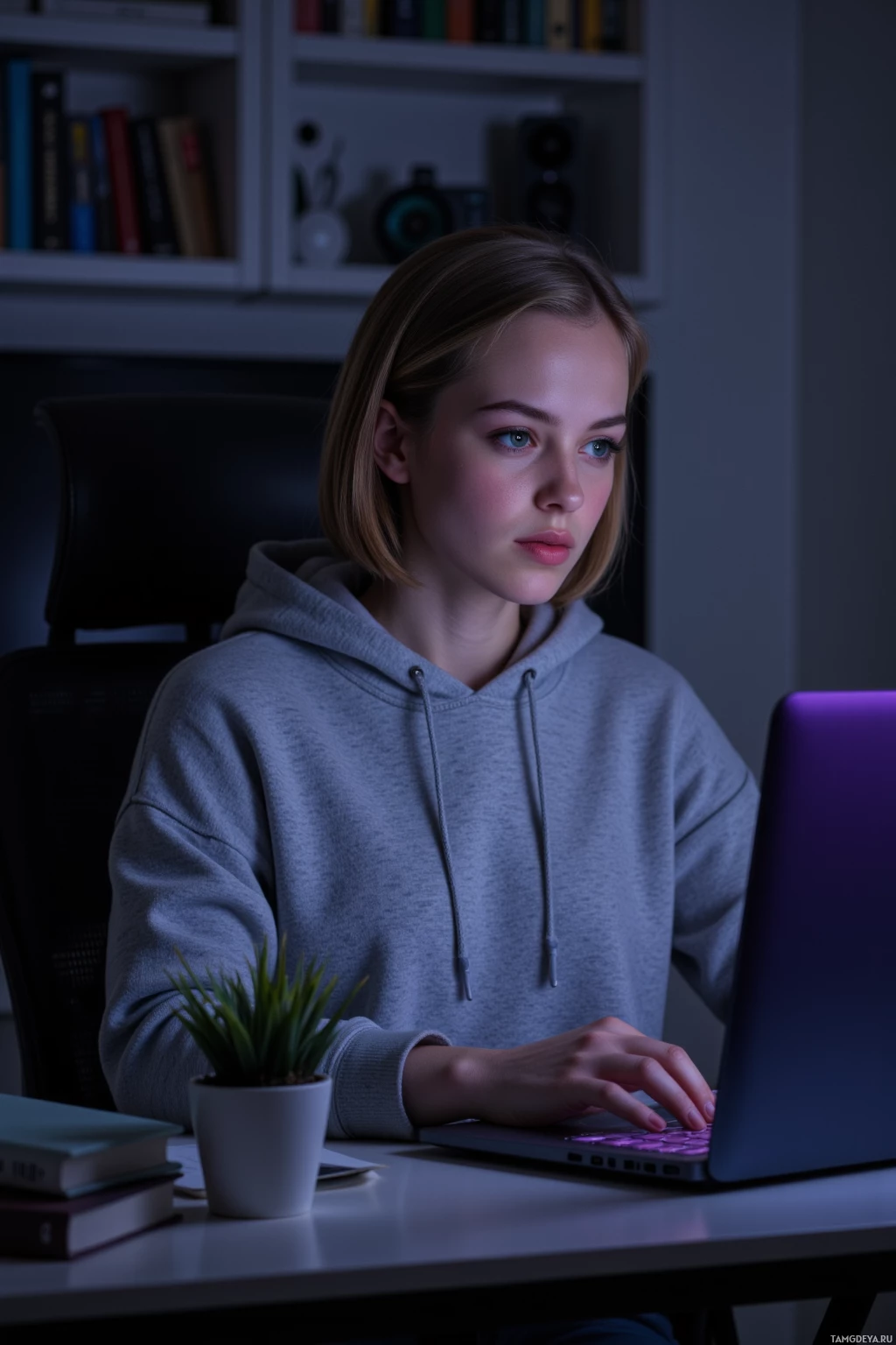 Realistic high quality photo. 26-year-old woman with a sleek light brown bob, green eyes, fair skin, wearing a gray hoodie and navy blue jeans, sits at a desk in a dimly lit home office at midnight, intently typing on a laptop whose screen emits a faint purple glow, surrounded by scattered programming books and a small plant, her expression focused and determined.