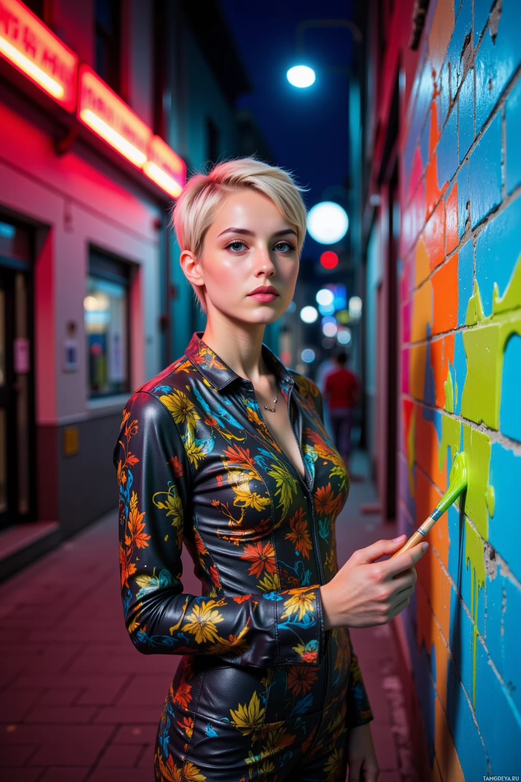 A person in a floral leather outfit is painting on a colorful brick wall at night with neon lights in the background.