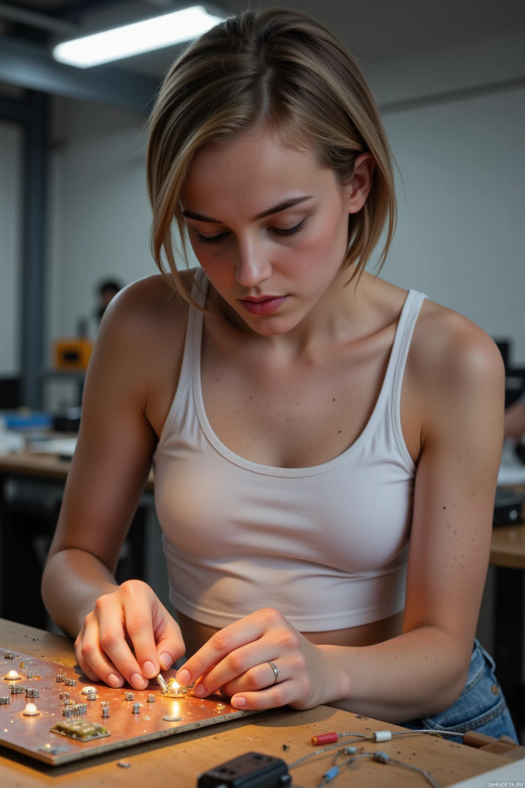 A person wearing a white tank top is working on a circuit board at a desk.
