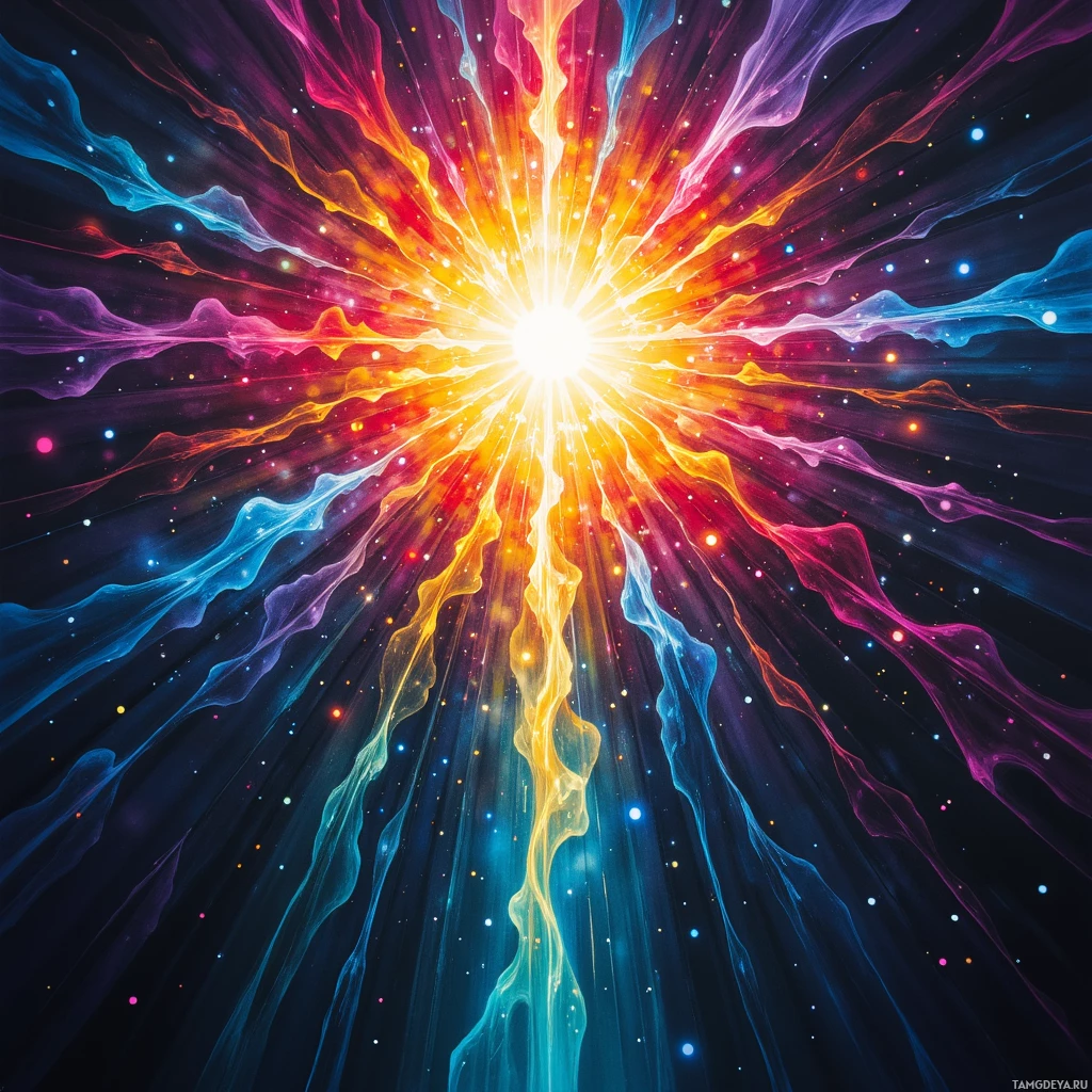 A vibrant cosmic explosion with radiant colors and star-like particles.