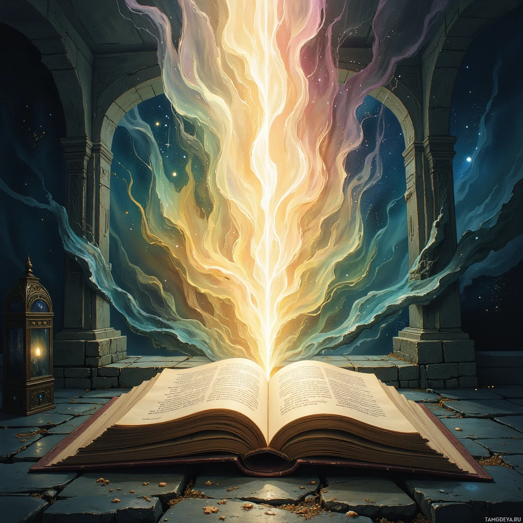An open book emits a radiant, colorful light, illuminating a stone structure and a lantern.
