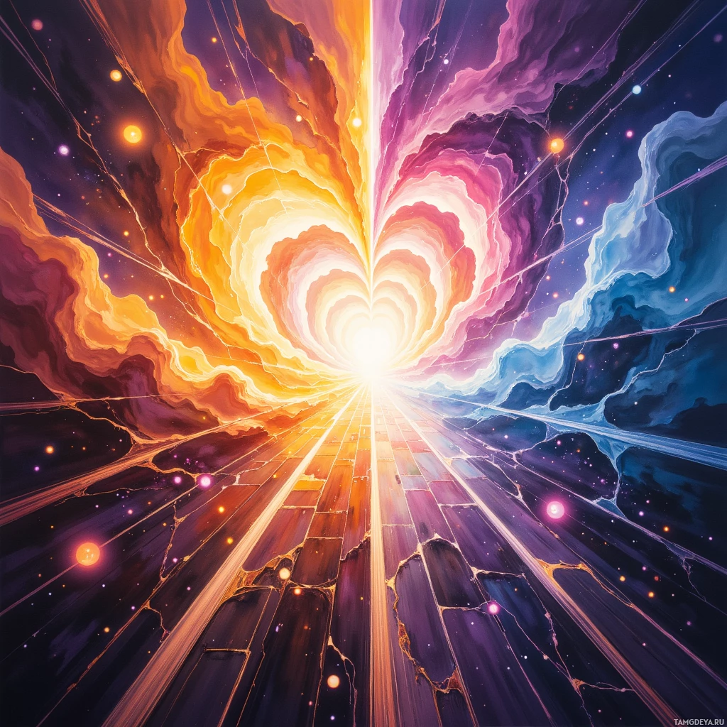 Semi-abstract image with many empty light space at center of beautiful background, that is suitable for the post:  Reality feels like a cracked prism, reflecting infinite angles of uncertainty while I chase a single, elusive ray.