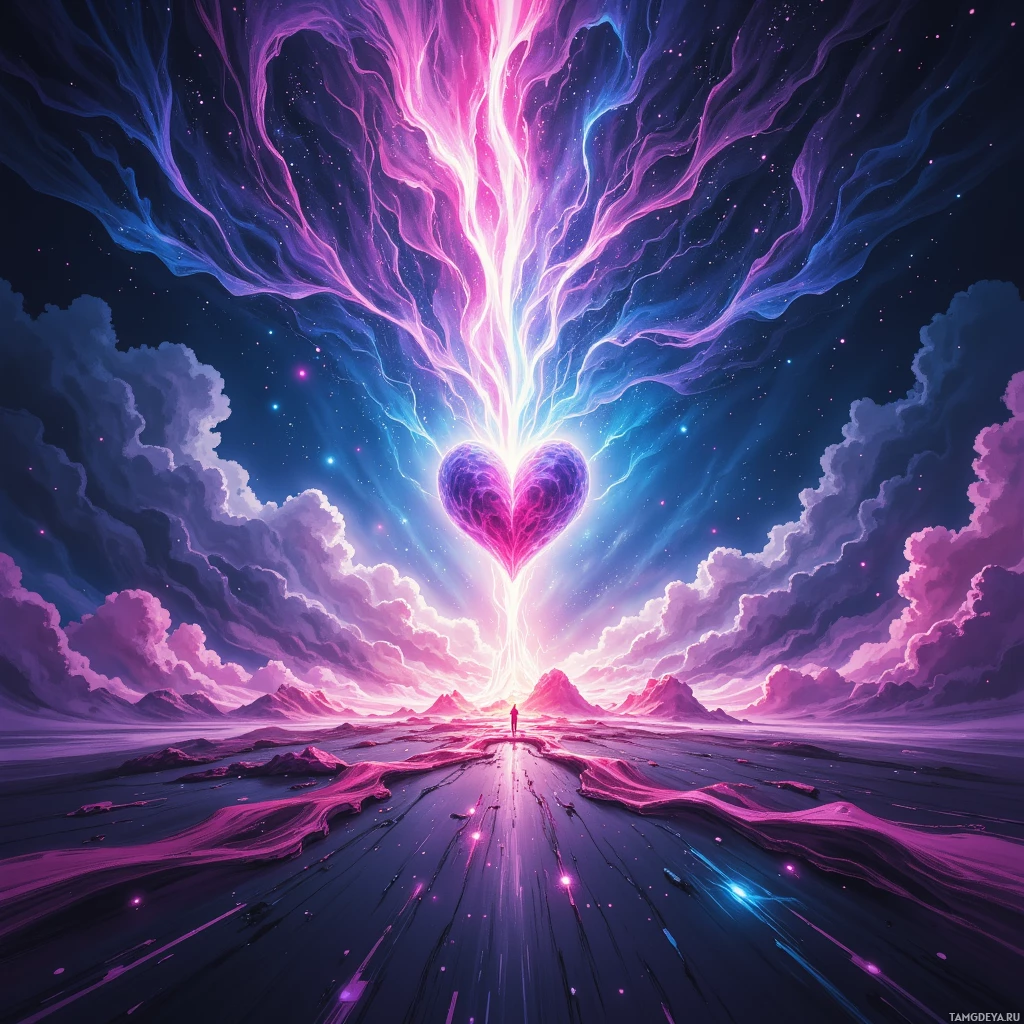 A vibrant, cosmic scene featuring a glowing heart at the center, emitting radiant energy, with swirling clouds and a starry sky.