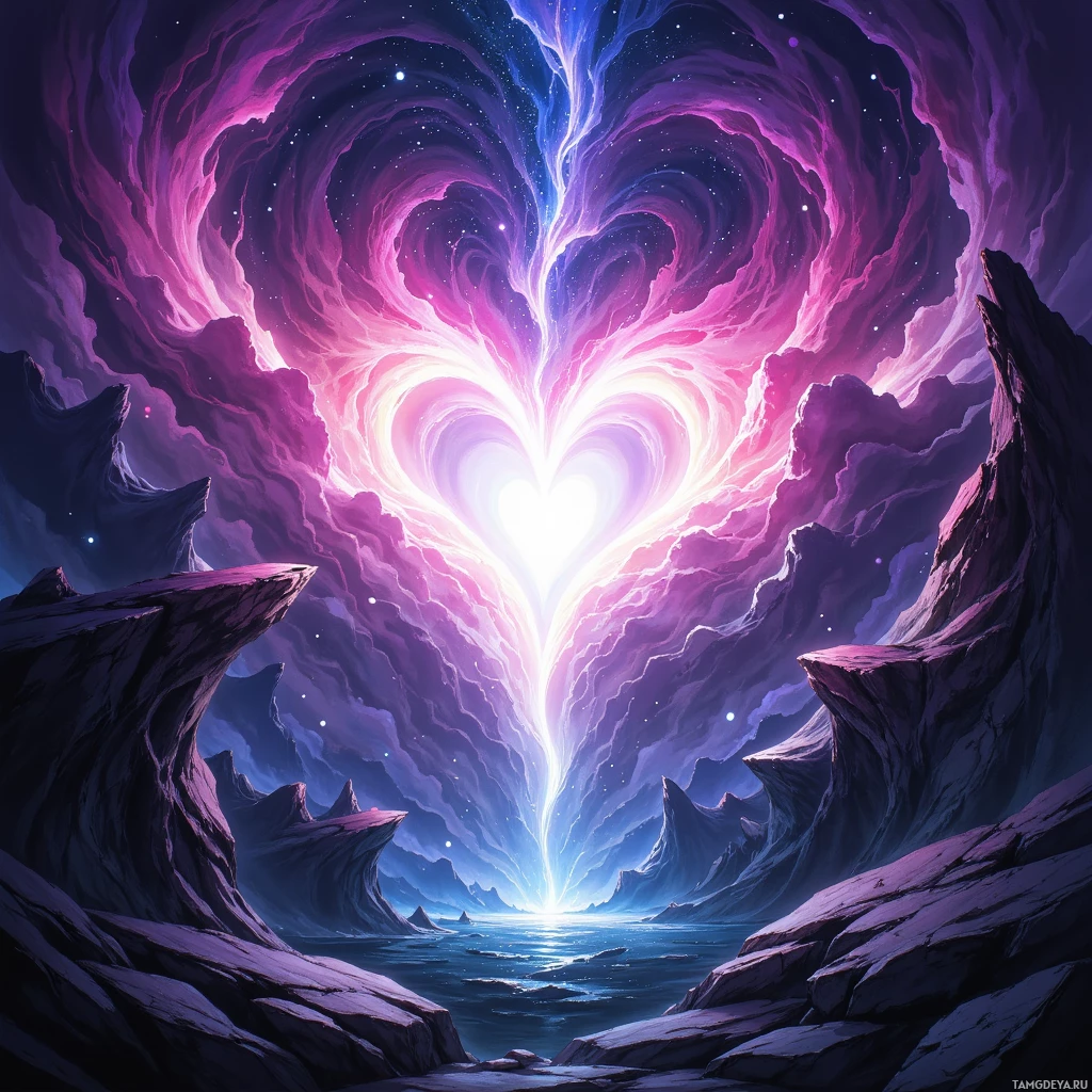 A heart-shaped light shines through swirling cosmic clouds over a serene landscape with rocky formations and calm waters below.