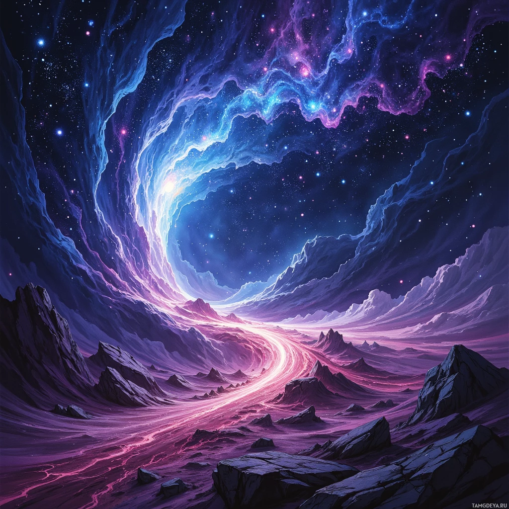 A fantastical landscape featuring a glowing, ethereal tunnel in the sky above rugged, rocky terrain.