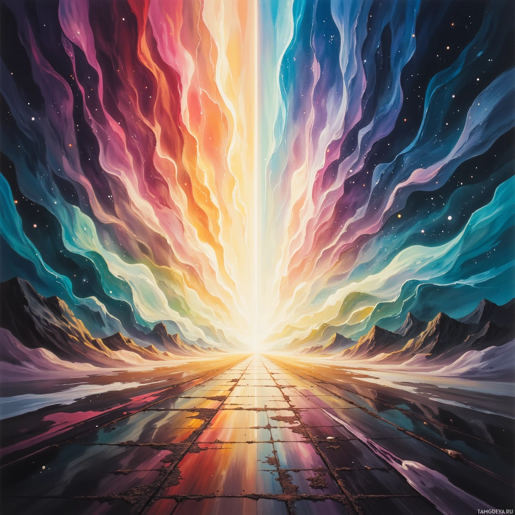 A vibrant, cosmic scene with a radiant light source and colorful, flowing patterns in the sky.