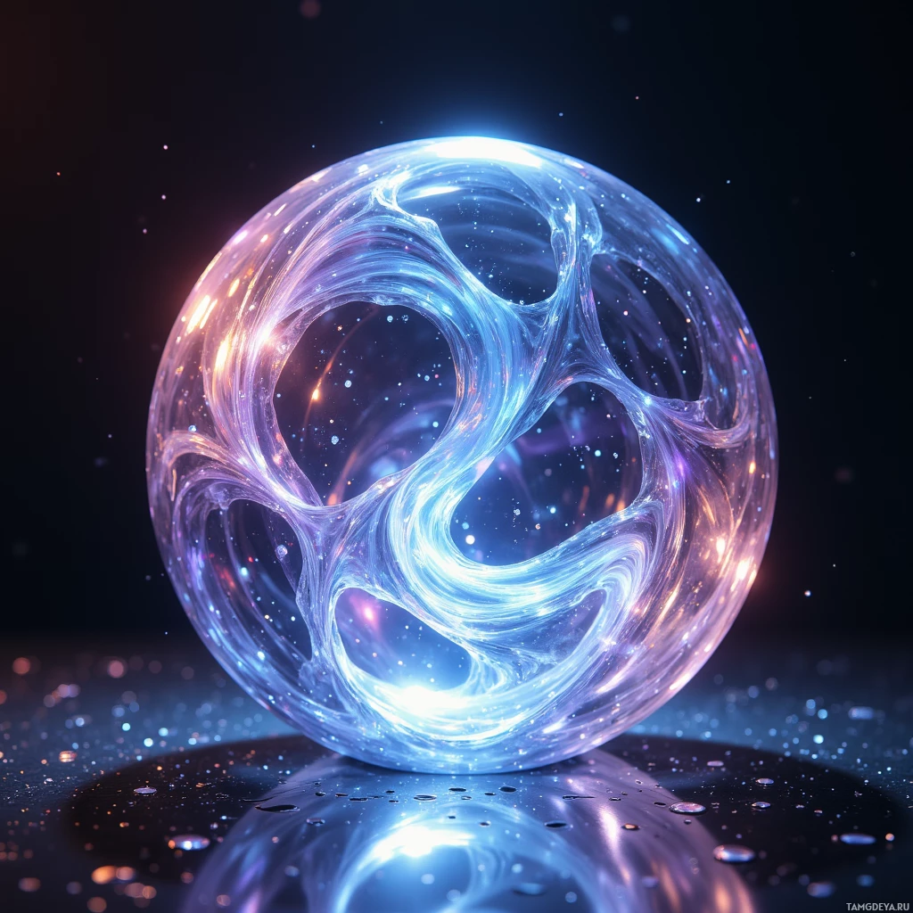 A glowing, abstract sphere with intricate patterns and reflections on a dark surface.