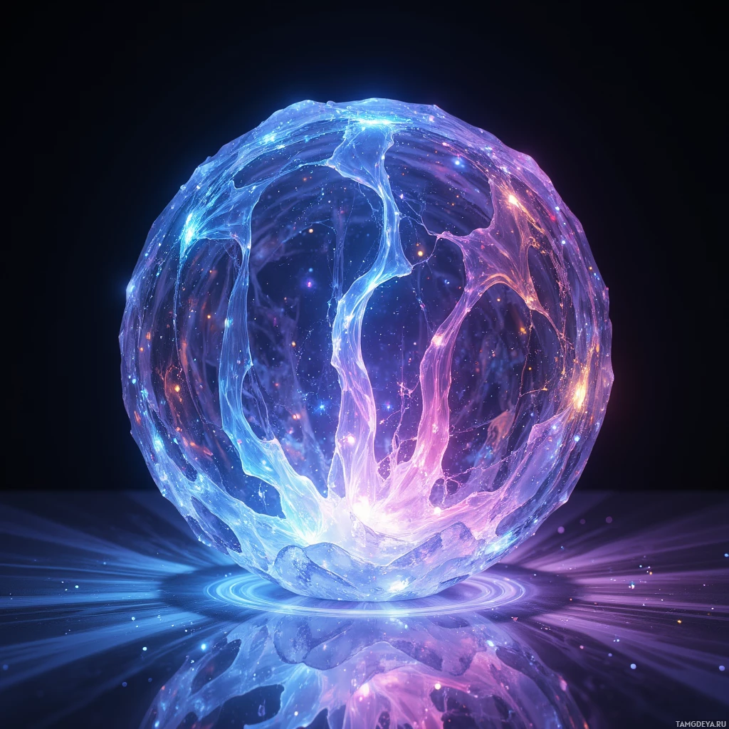A glowing, ethereal sphere with intricate, glowing patterns and a cosmic background.