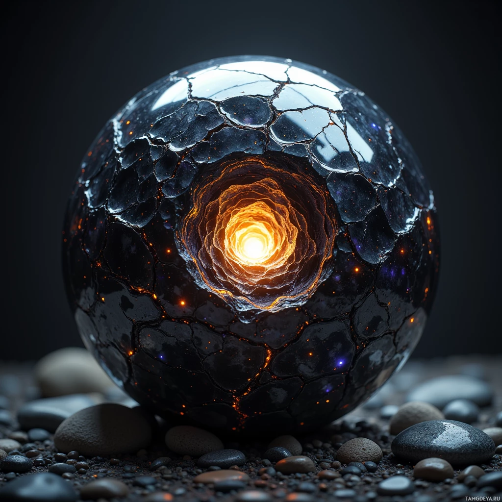 Semi-abstract image with many light, that is suitable for the post:  Obsidian sphere the size of a fist, its polished surface etched with intricate micro‑lattice channels that refract light, radiating a glowing iridescent core pulsing faintly as if humming with latent energy.
